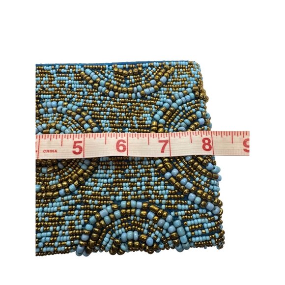 Hand Beaded Clutch Purse Blue Gold Beaded Evening Bag Beaded Intricate Design - Picture 9 of 10
